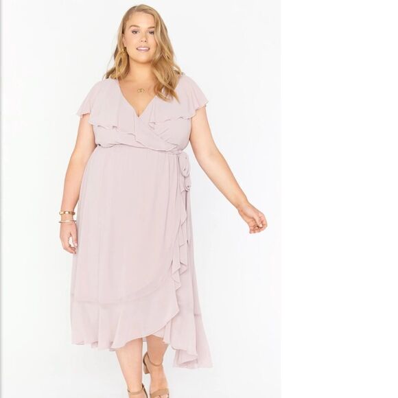 Show Me Your MuMu Jess Ruffle MIDI Dress Neutral Mauve Chiffon XL Wedding Party - Picture 4 of 16